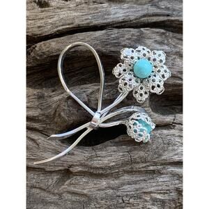 Wells Sterling Silver and Turquoise Floral Brooch Vintage
